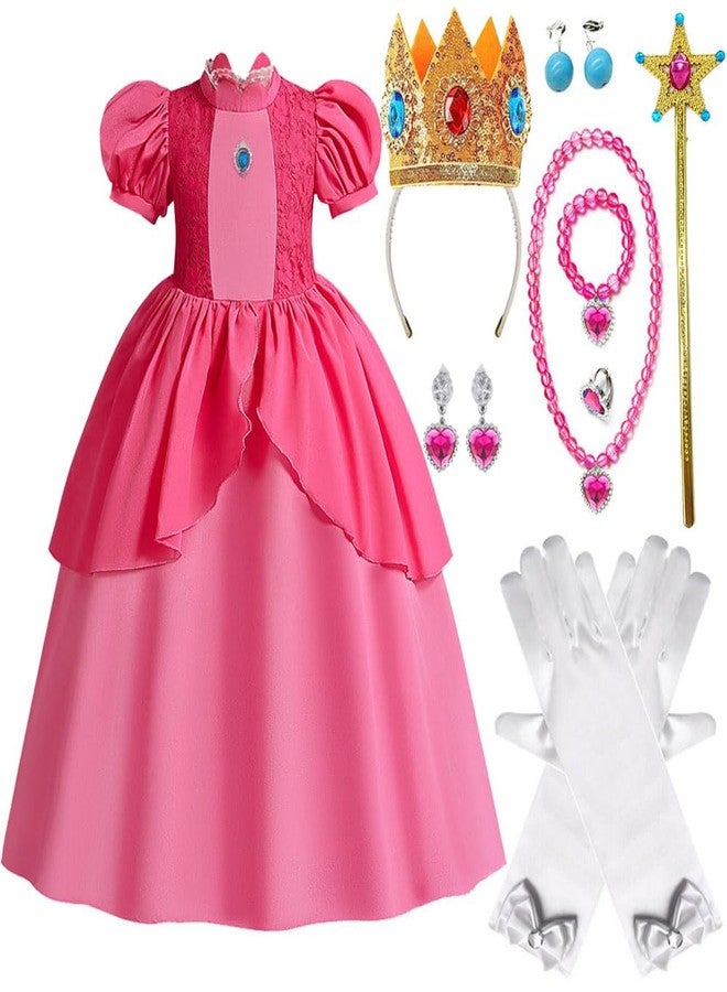 Yosbabe Princess Peach Costume for Girls Peach Dress with Accessories for Birthday Party Halloween Christmas Dress Up Costume (Rose, 120(4-5T)) - Image 1